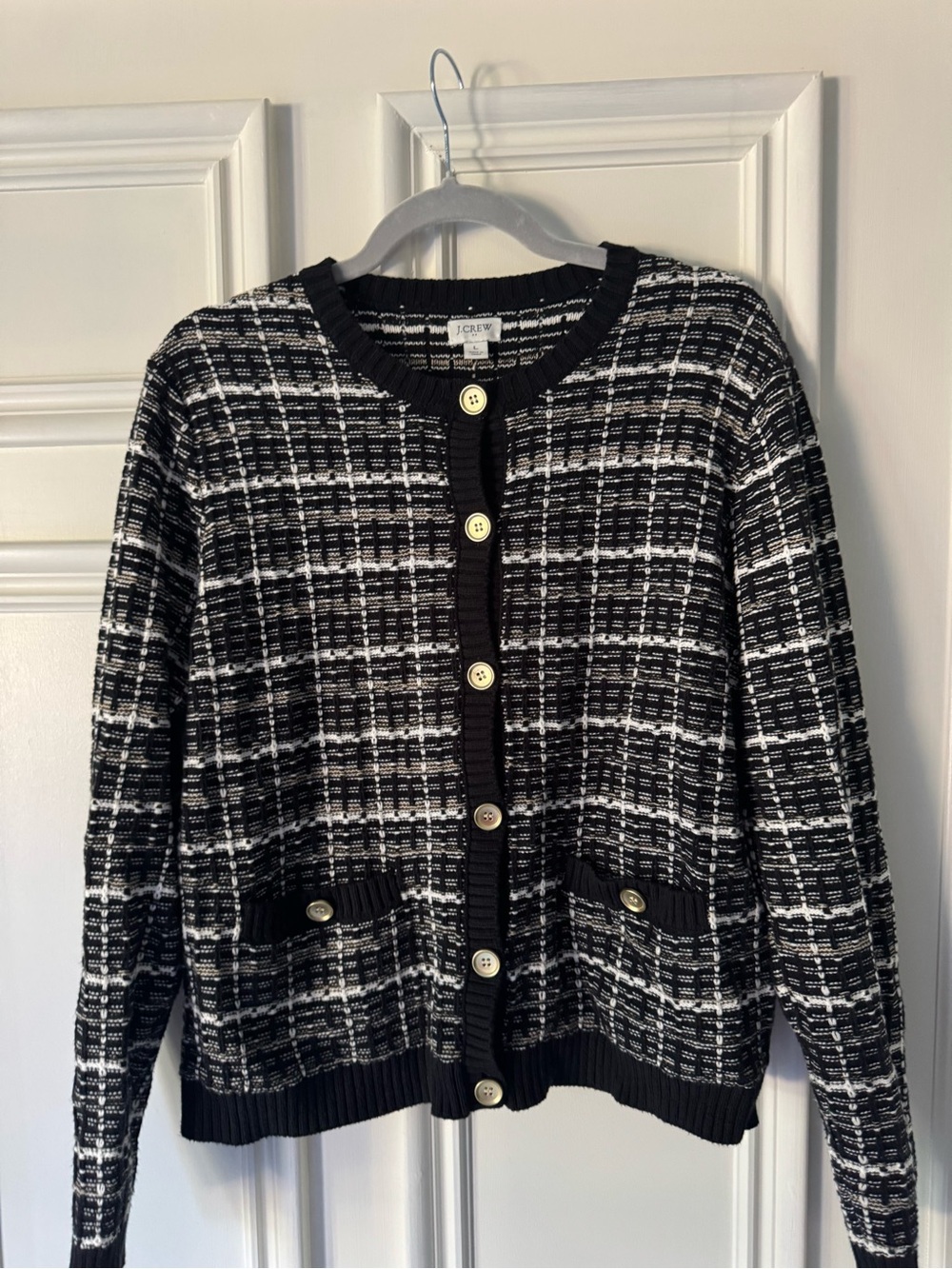 J. Crew Black and White Tweed-Pattern Cardigan